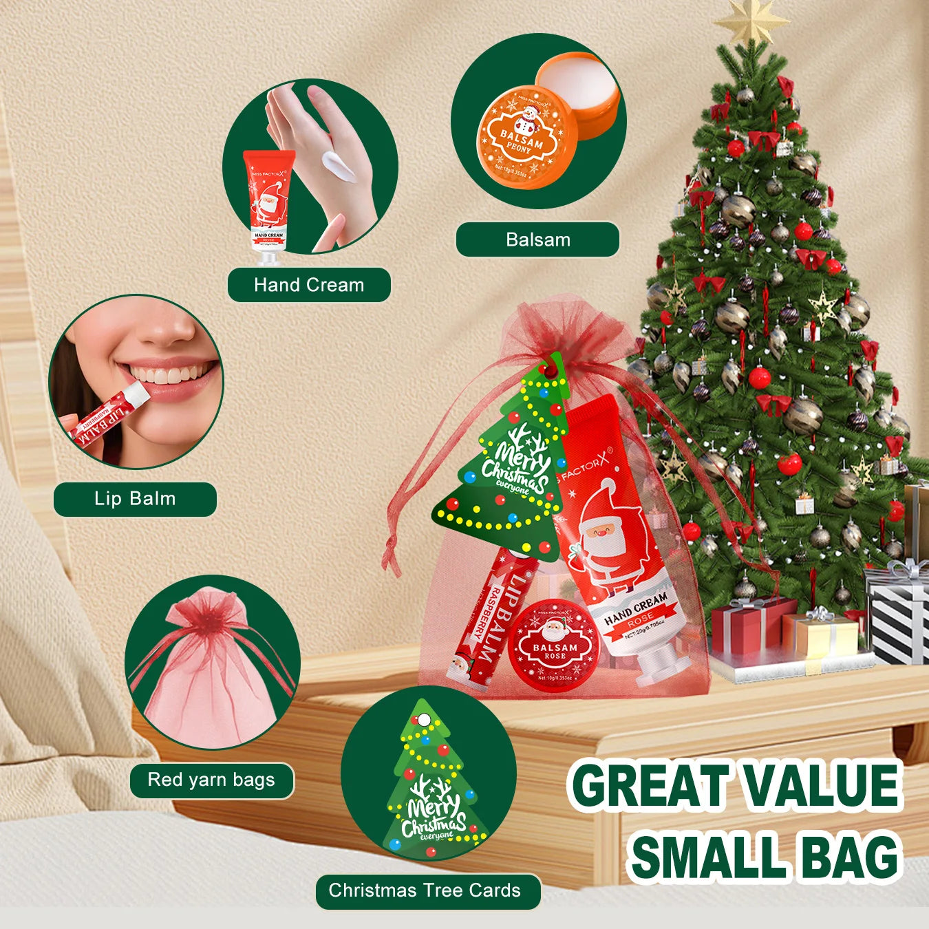 Christmas assembly gift set -20 sets, including balm, hand cream, lipstick, red gauze bag, Christmas tree thank you card Peaceful Pleasures Health and Wellness