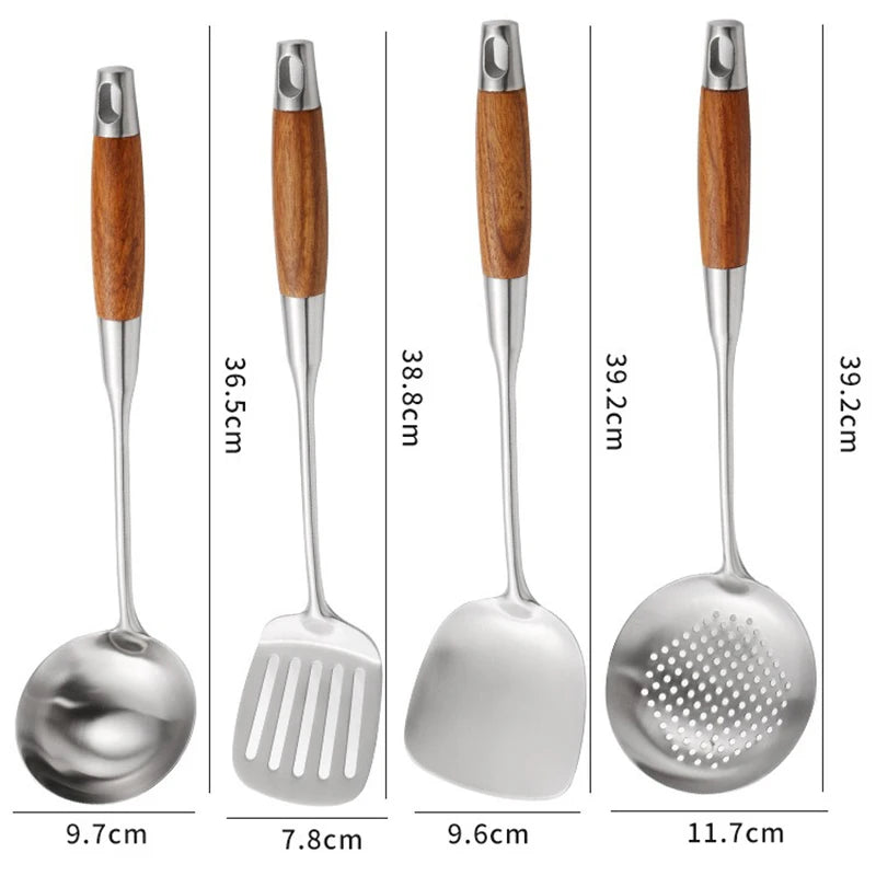 Rosewood Handle Stainless Steel Cookware Set Kitchen Durable Wok Spatula Colander Shovel Cooking Utensil Kitchenware Accessories