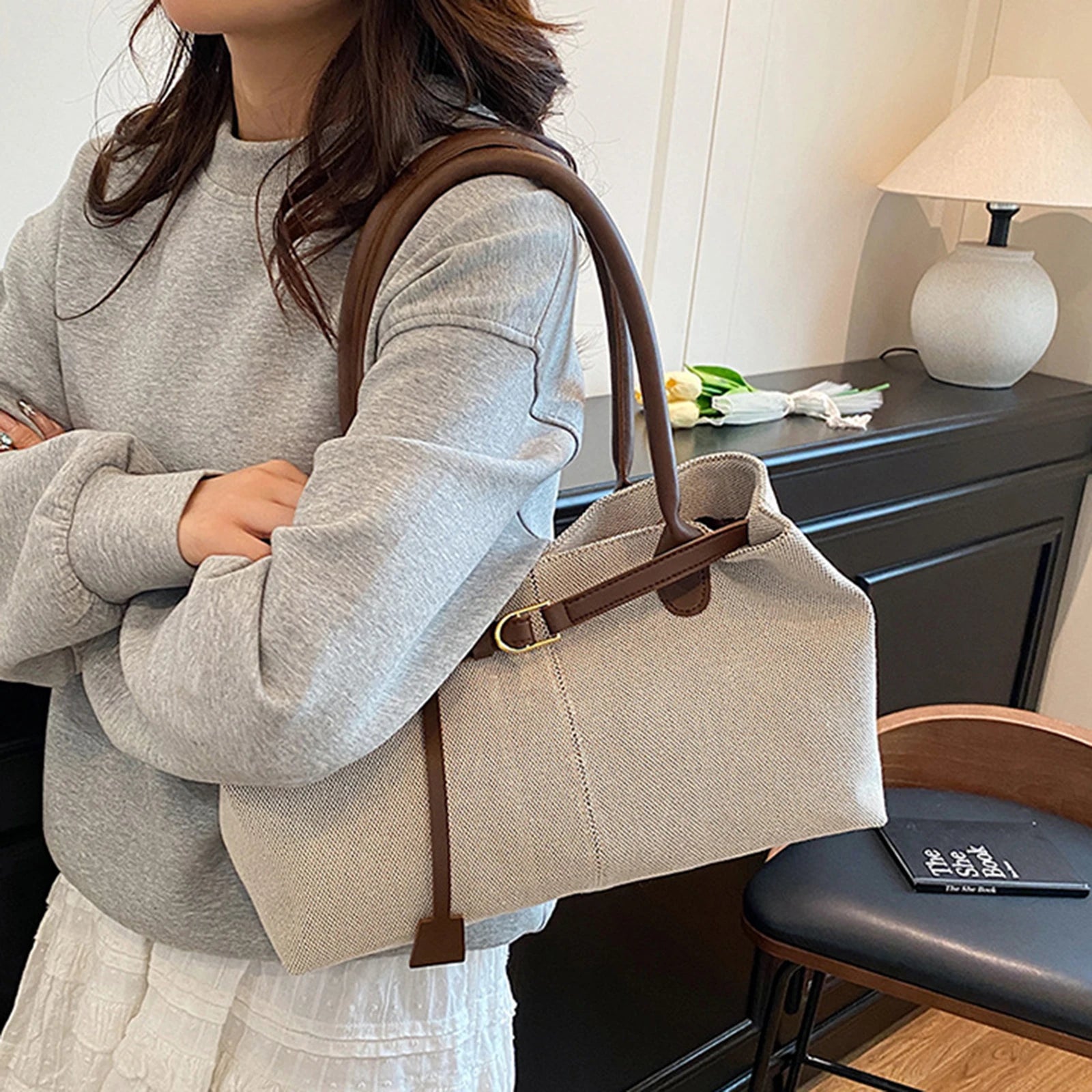 Women's Retro Tote Bag Large Capacity Shoulder Bag Korean Style Durable Polyester Fabric Peaceful Pleasures Health and Wellness