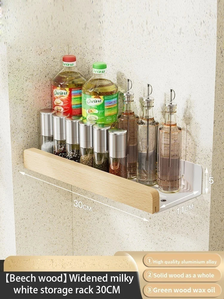 Wall-Mounted Wood & Aluminum Spice Rack with Hooks | Kitchen Organizer