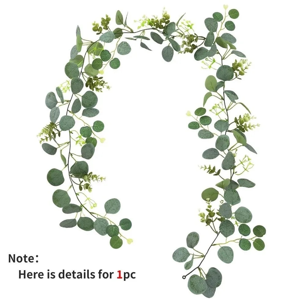 Realistic Fake Eucalyptus Vine Wall Hanging Greenery Garland Artificial Plants White Flowers Vine Archway Eucalyptus Leaves Peaceful Pleasures Health and Wellness 01