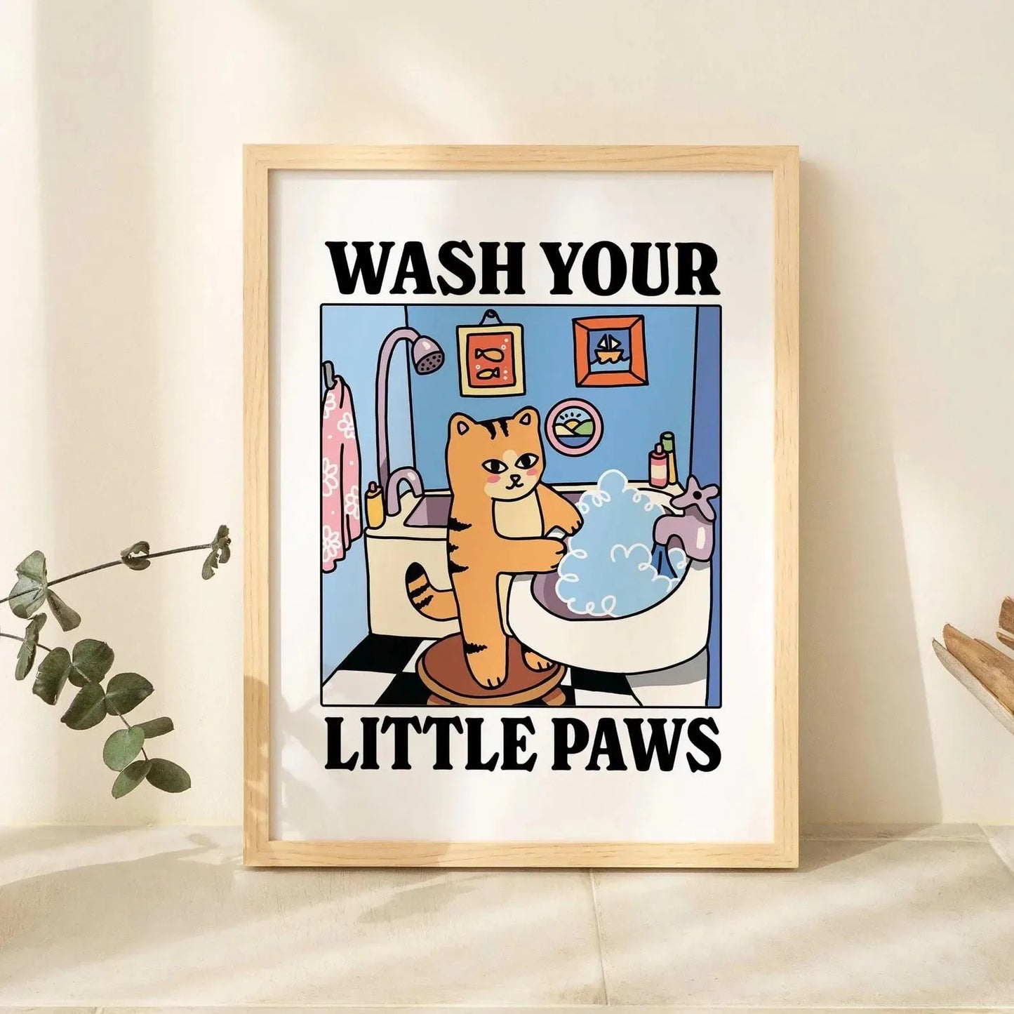 Kawaii Wash Paws Cat Canvas Print | Bathroom & Nursery Wall Art
