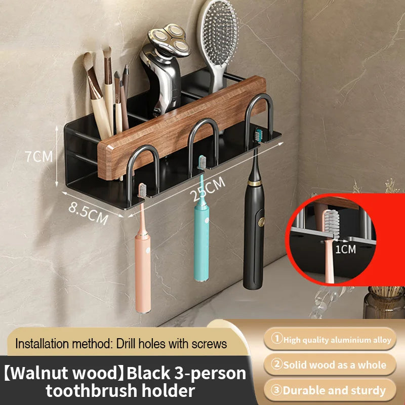 Wall-Mounted Wood Toothbrush Rack & Mug Holder with Squeezer
