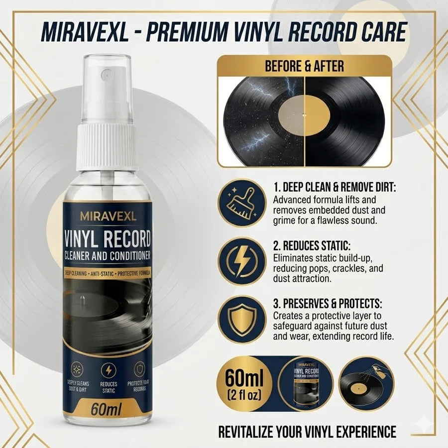 MIRAVEXL Vinyl Record Cleaning Kit – 60ml Spray & Anti-Static Brush