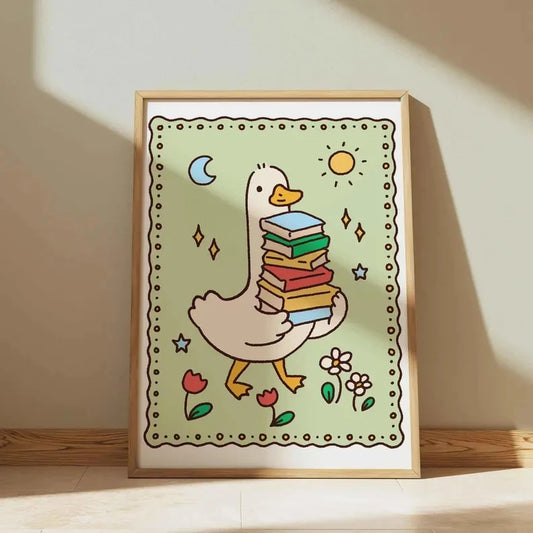 Silly Goose Reads Cartoon Canvas Wall Art Print | Home Decor Canvas Wall Art Peaceful Pleasures Health and Wellness G5247 30x40cm Black Framed
