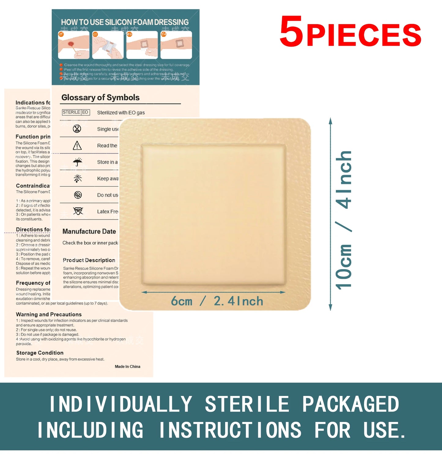 Silicone Foam Dressing Gentle Border Waterproof Silicone Bandages Wounds Care Bed Sore Patches Absorbent Wound Self Adhesive Peaceful Pleasures Health and Wellness 5PCS 10X10cm