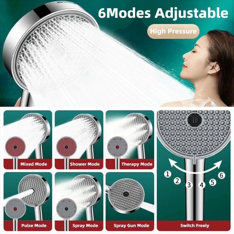 6 Modes Adjustable Pressure Boost Shower Head 12.5CM Big Panel High Pressure Large Flow Handheld Showerhead Bathroom Accessories Peaceful Pleasures Health and Wellness