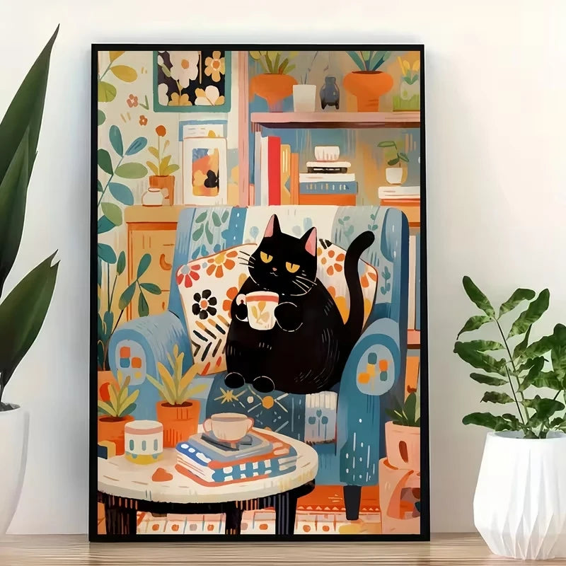 Nordic Black Cat Coffee Canvas Wall Art Print | Home Decor