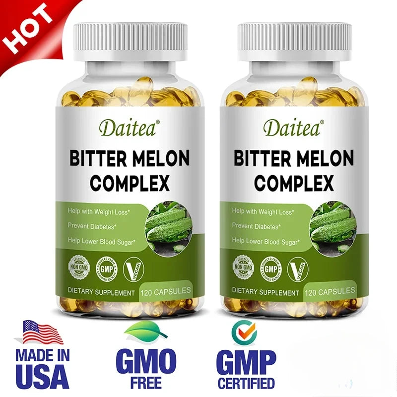Natural bitter melon extract capsules help lower blood sugar, prevent heatstroke, and supplement daily multivitamins to burn fat Peaceful Pleasures Health and Wellness 120 count-2 bottle