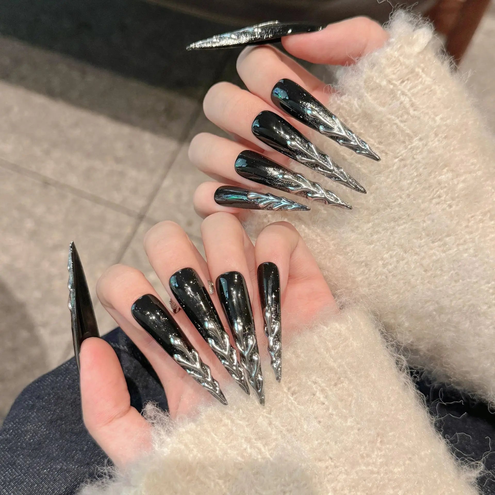 10pcs Handmade Gothic Punk Press on Nails Dark Metal Long Pointed Fake Nails for Women Girl Wearable Spice Girl False Nail Tips Peaceful Pleasures Health and Wellness