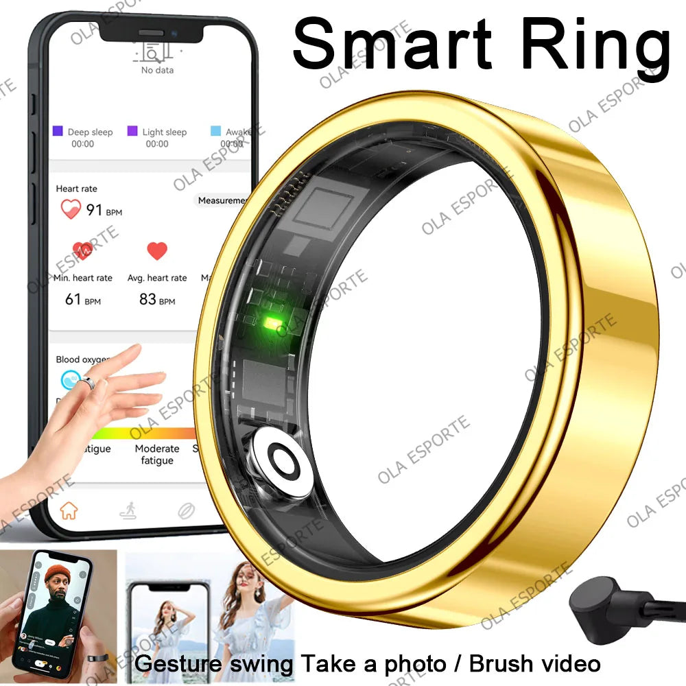 2026 New Smart Ring Heart Rate Blood Pressure Sleep Monitoring Motion Tracking IP68 Waterproof Men Women Smart Ring Holiday Gift Peaceful Pleasures Health and Wellness Gold 11