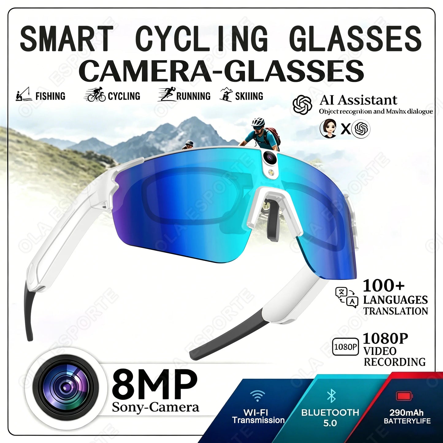 Smart Cycling Glasses 8MP Camera WiFi BT AI Translator Sports