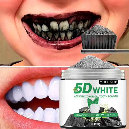 YUlTlKUE 5D White Activated charcoal Tooth Powder Natural Teeth Whitening Oral Care Fresh Breath 60g Peaceful Pleasures Health and Wellness Default Title