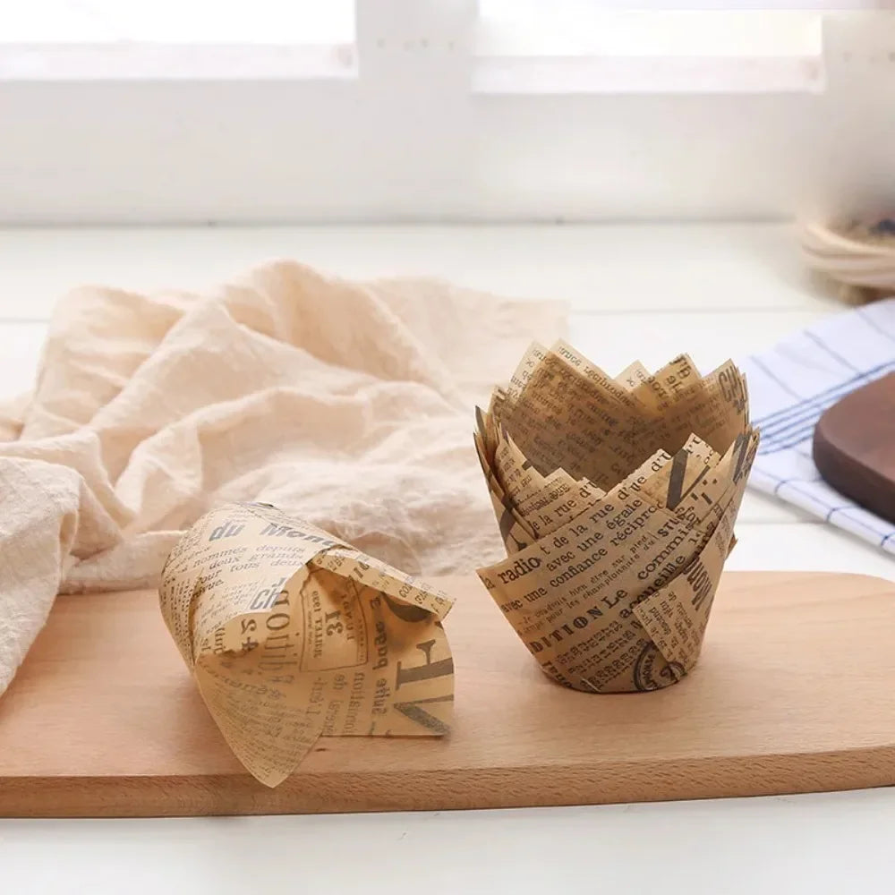 50pcs Newspaper Style Tulip Cupcake Liners | Baking Cups