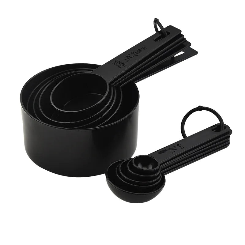 Plastic Measuring Cups and Spoons Set 10 PCS Kitchen Accessories Engraved US Markings Stackable Measuring Tools Peaceful Pleasures Health and Wellness 10PCS Black Set