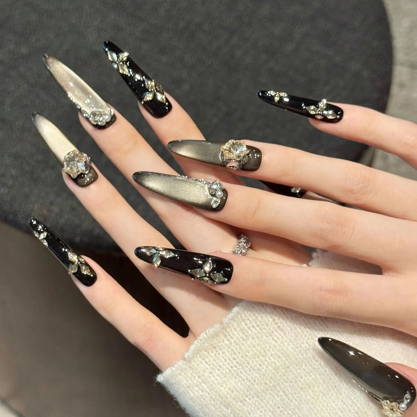 10pcs Handmade Press On Nails Retro Maillard Fake Nails Wearable Light Luxury Diamond Decor Flash Gold Cat's Eye False Nails Tip Peaceful Pleasures Health and Wellness M 1