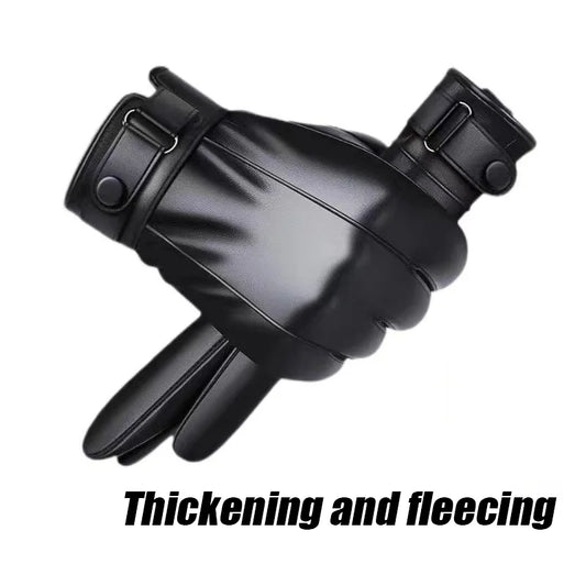 Autumn and Winter Black Gloves Men's One Pair PU Leather With Velvet Lining Gloves Waterproof for Motorcycle Riding Peaceful Pleasures Health and Wellness
