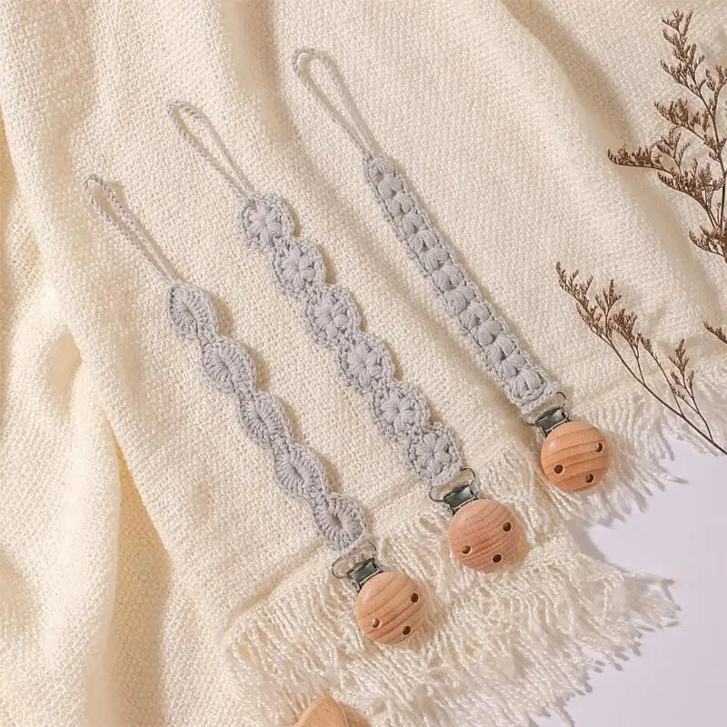Baby Pacifier Holder Clips with Wooden Teether Beads – 3-Pack