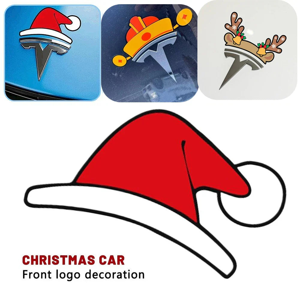 Tesla Christmas Emblem Sticker – Santa Hat, Elk & Festive Designs