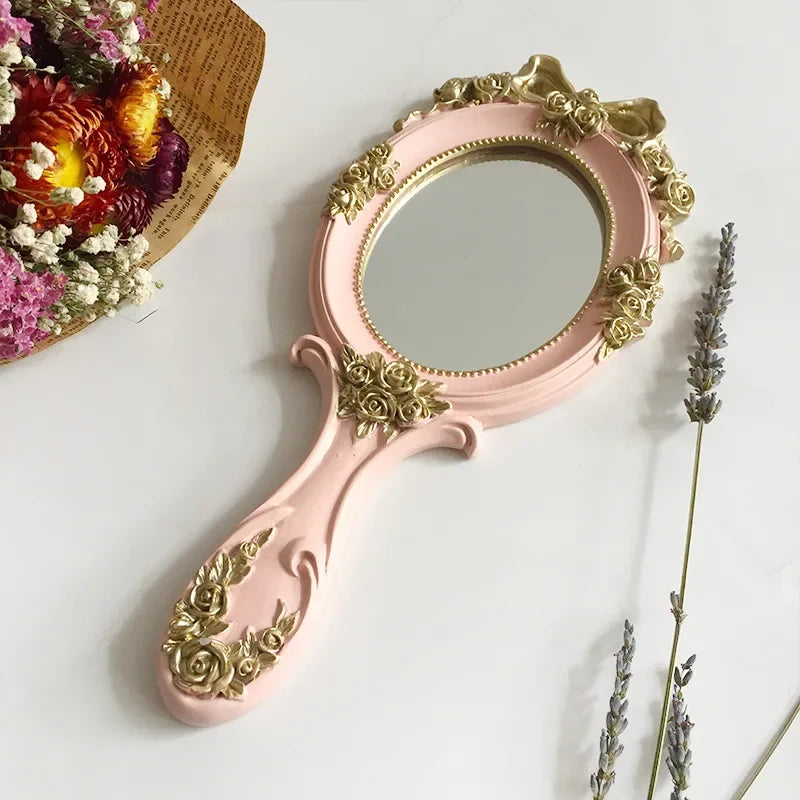 Cute Creative Vintage Hand Mirrors Makeup Vanity Mirror Handheld Cosmetic Mirror with Handle for Gifts Peaceful Pleasures Health and Wellness Pink