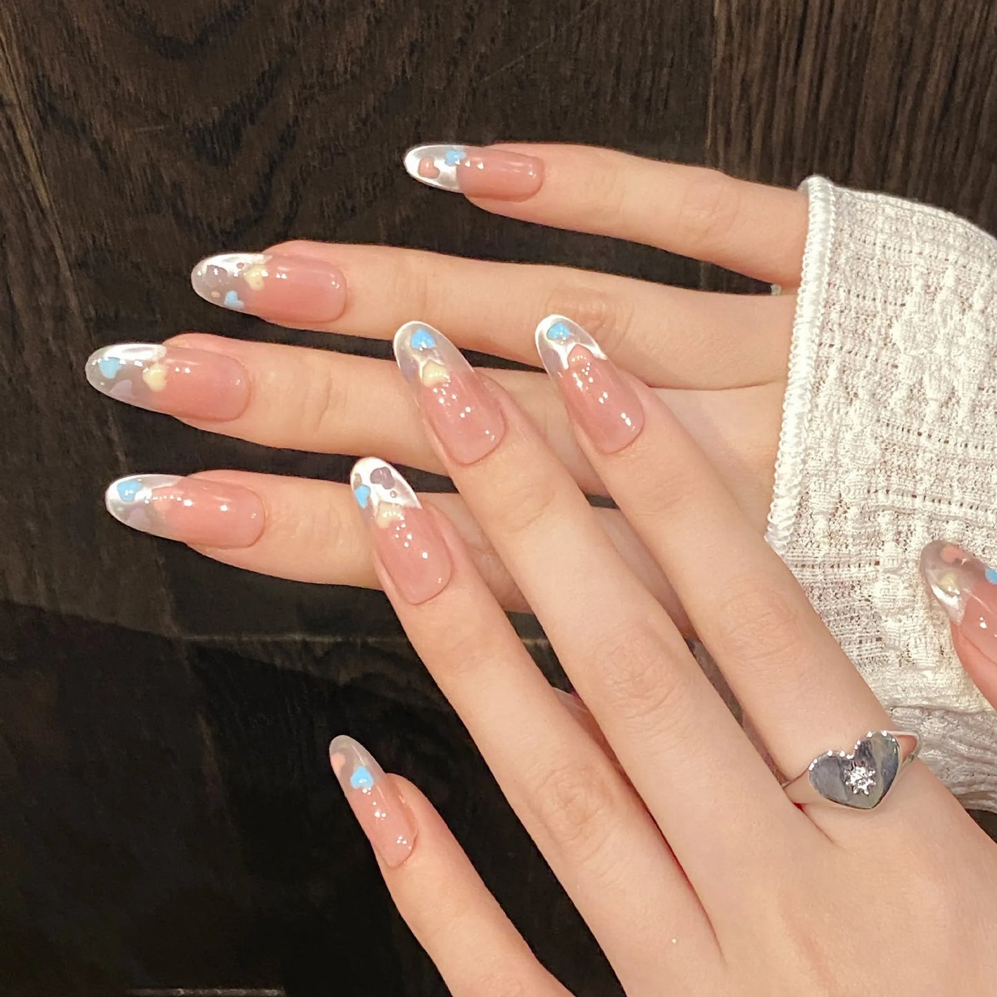 French Cat Eye Press On Nails – Heart Print Korean Style 10pcs