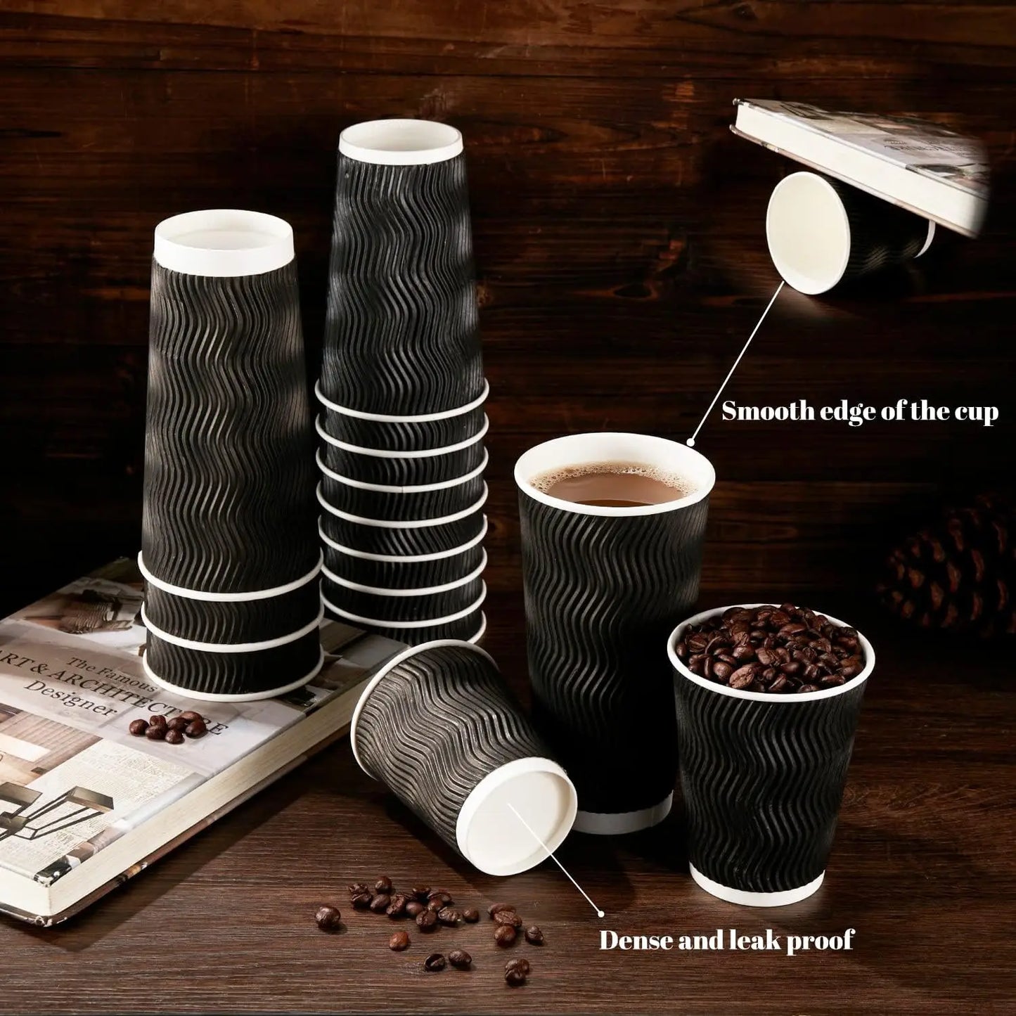 12OZ Coffee Cups Disposable Paper Coffee Cups Insulated Corrugated Kraft Ripple Wall Cup for Hot Beverage or Tea Drink Hot Water Peaceful Pleasures Health and Wellness Black 20pcs