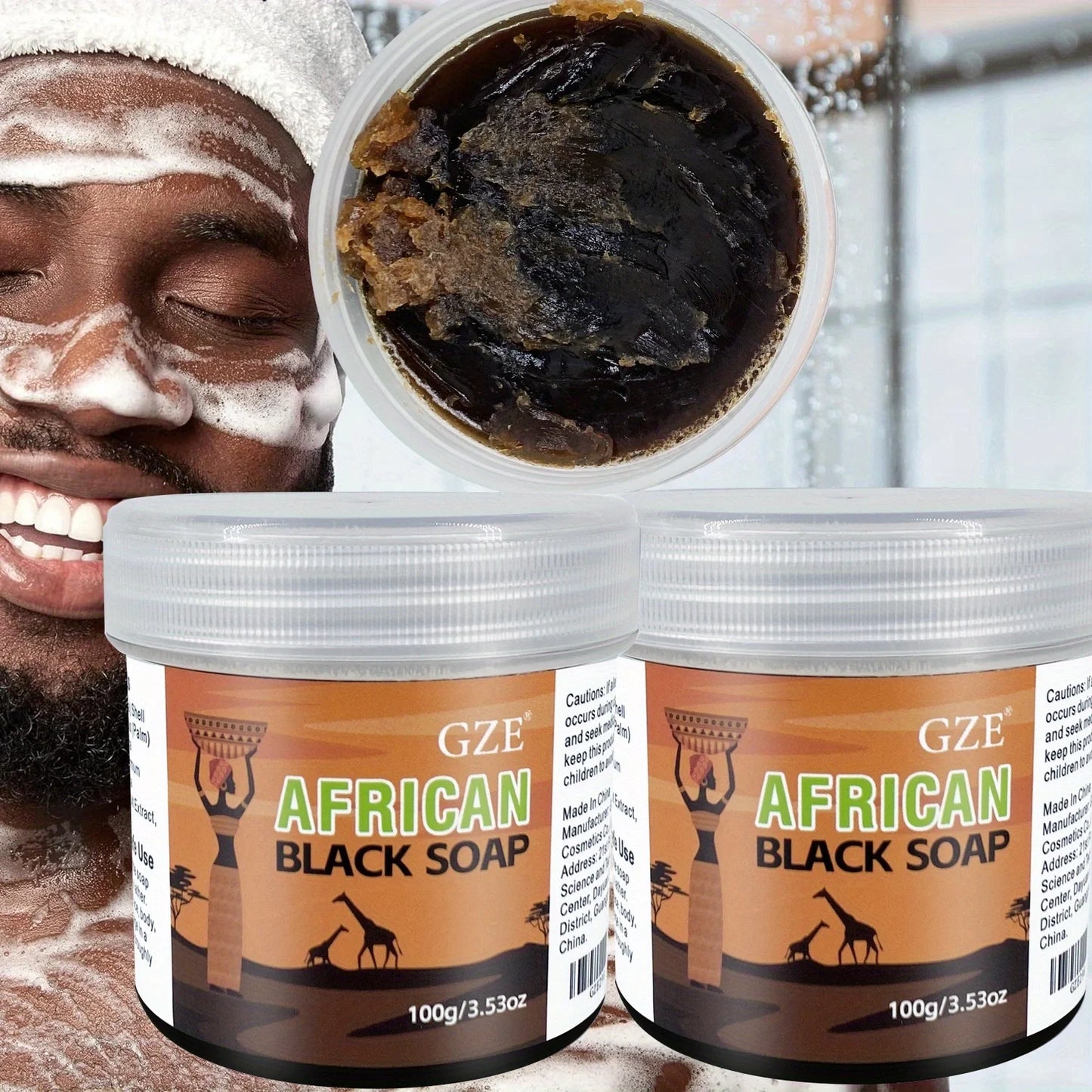 GZE African Black Soap 3-in-1 Face, Hair & Body Cleanser 2 Pack