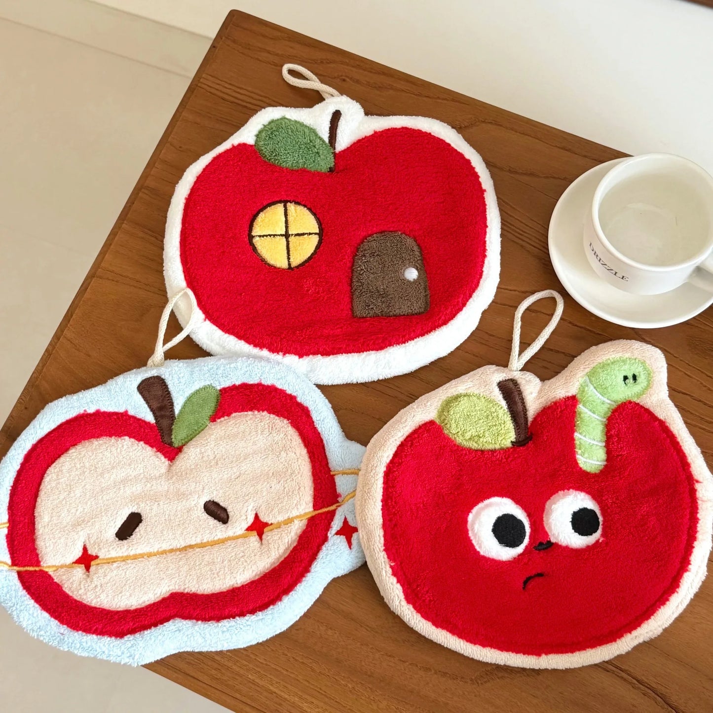 Apple Hand Towel Quick-drying and Water-absorbing Hanging Cute Coral Velvet Towel Thickened Kitchen Bathroom Small Square Towel Peaceful Pleasures Health and Wellness 3 Styles One Each