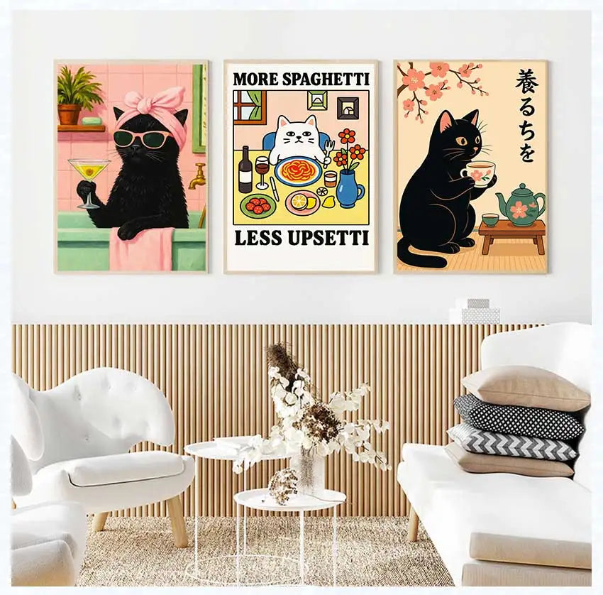 Cat with Cocktail Smoking Poster Canvas Painting Print Wall Art for Living Room Home Decor More Spaghetti, Less Upsetti Black Peaceful Pleasures Health and Wellness