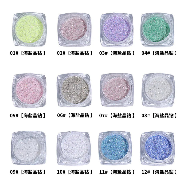 Aurora Sea Salt Nail Glitter Set – 12 Colors Holographic Sugar Powder