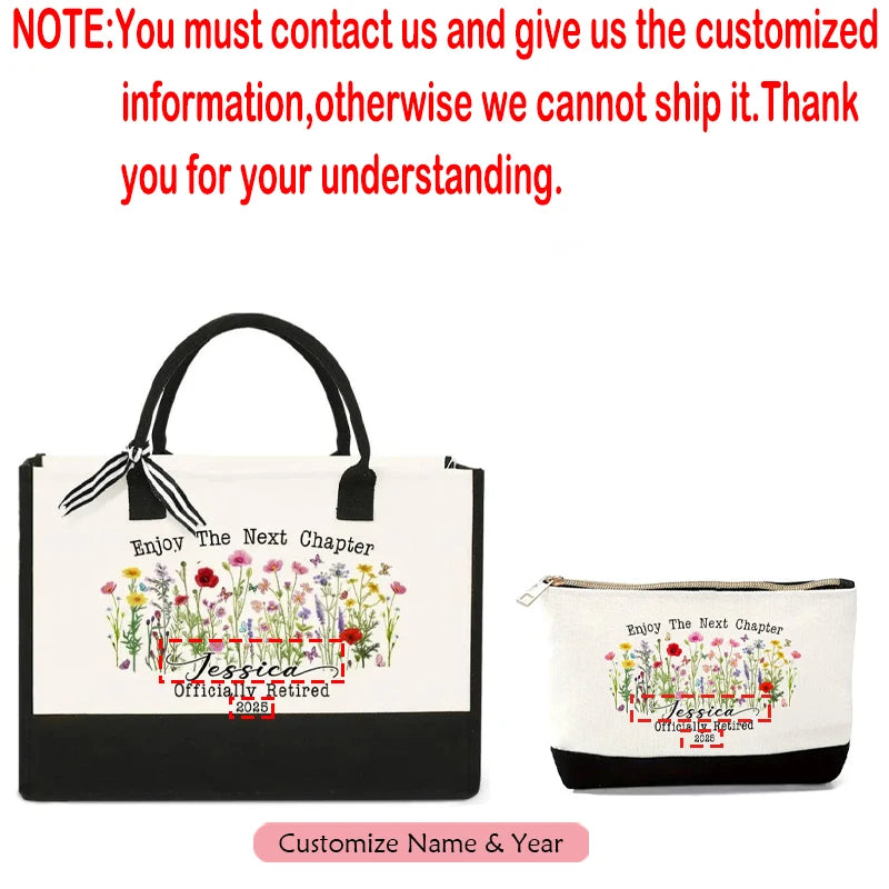 Retirement Tote & Makeup Bag Set Gift for Women | Black & White Gift Tote Bag Set Peaceful Pleasures Health and Wellness custom name