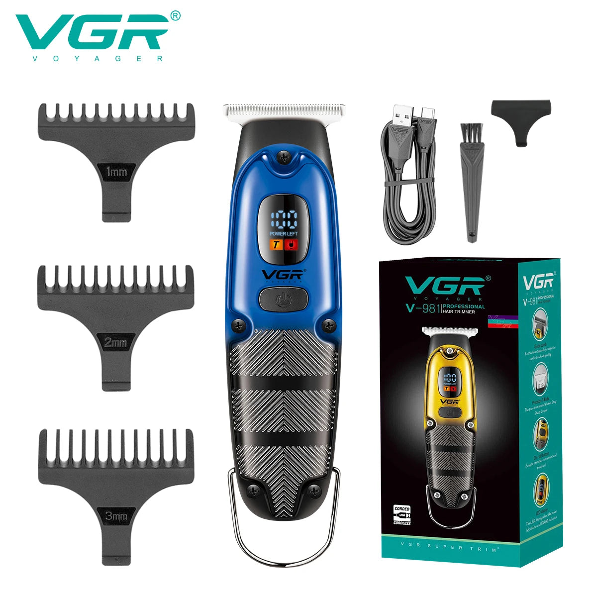 VGR 981 hair clipper LCD digital display home electric stainless steel engraving electroplating scissors Peaceful Pleasures Health and Wellness 981 blue usb
