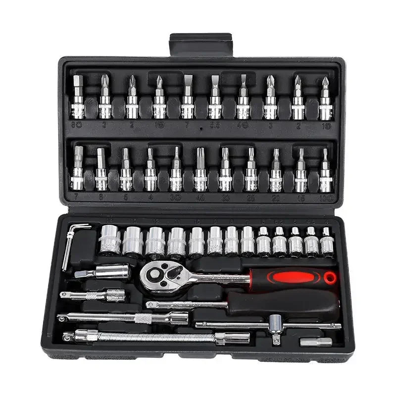 46pcs Socket Wrench Set Motorcycle Bicycle Repair Tools Repair Ratchet Screwdriver Combination Household DIY Mechanical Tool Box Peaceful Pleasures Health and Wellness