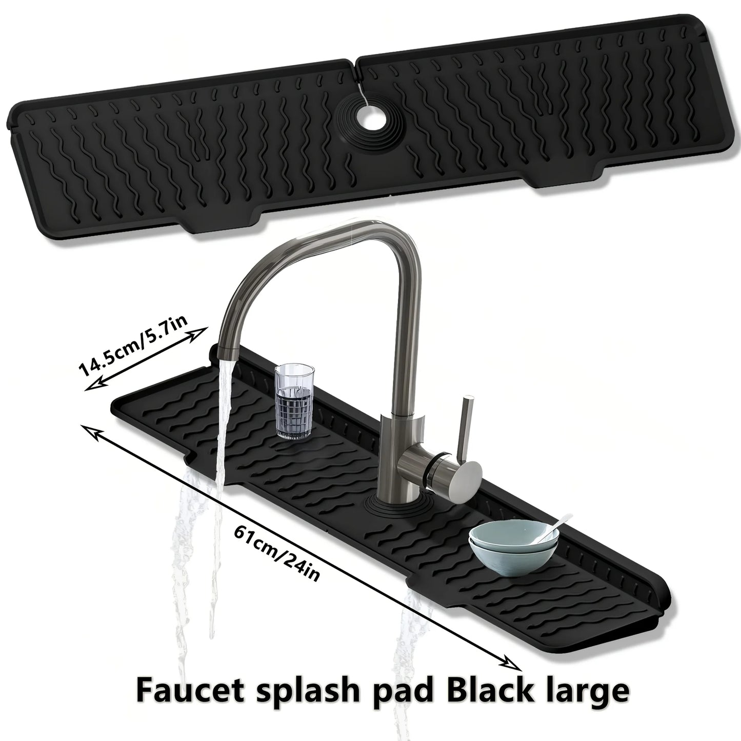 1-Piece Black Wavy Pattern Long Food-Grade Silicone Draining Mat for Kitchen and Bathroom, Faucet Splash-Proof Sink Mat, Long Strip, Foldable, Perfect for Sinks, Durable, Non-Slip, Sink Mat with Inclined Drainage Design Peaceful Pleasures Health and Wellness
