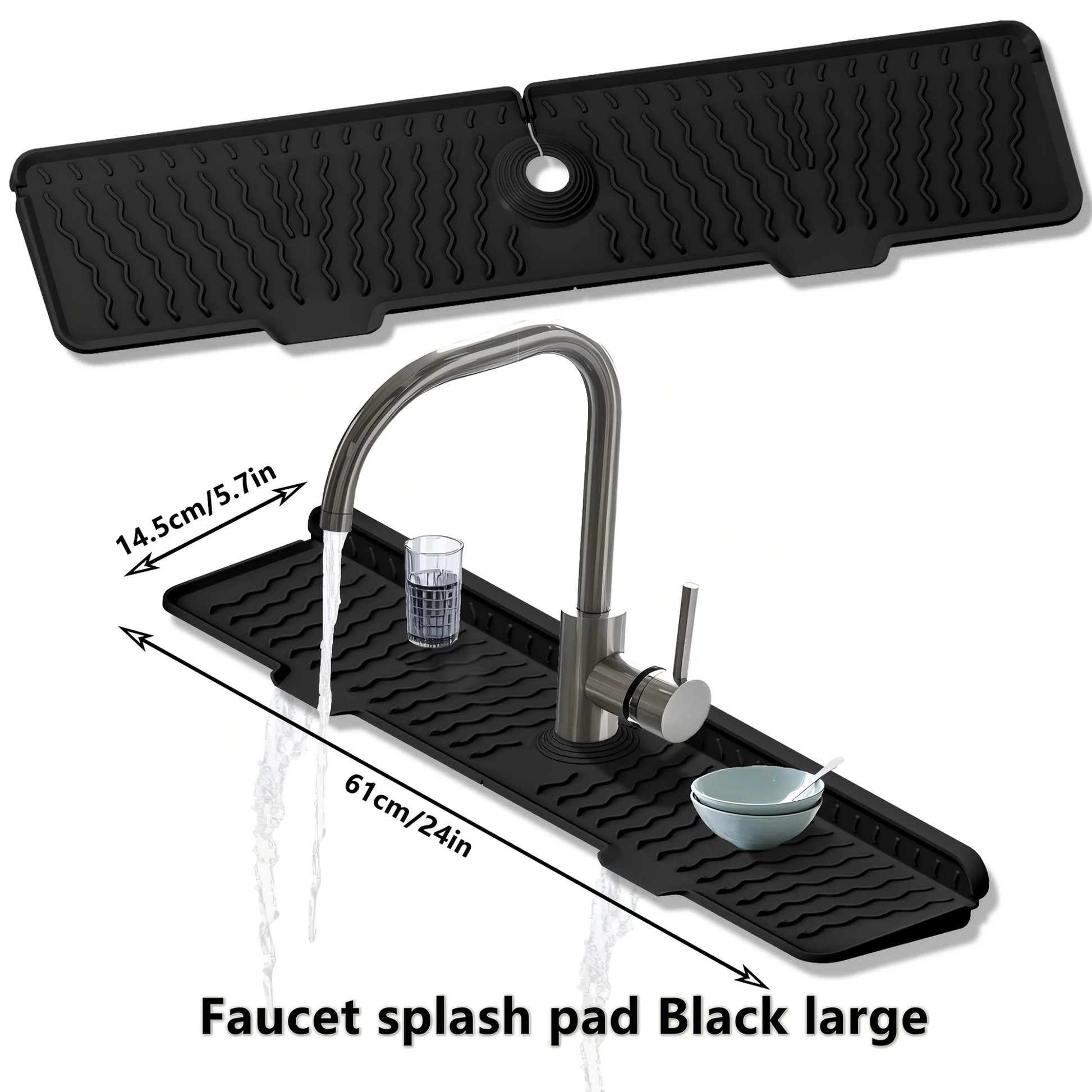 1-Piece Black Wavy Pattern Long Food-Grade Silicone Draining Mat for Kitchen and Bathroom, Faucet Splash-Proof Sink Mat, Long Strip, Foldable, Perfect for Sinks, Durable, Non-Slip, Sink Mat with Inclined Drainage Design Peaceful Pleasures Health and Wellness