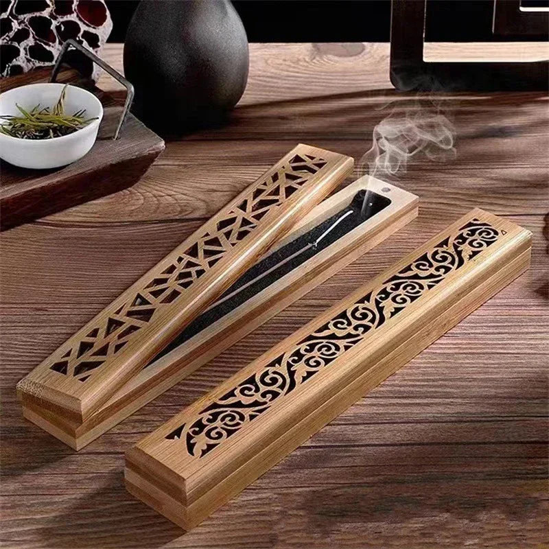 1pc Natural Bamboo Incense Burner with Laying Plate - Aromatherapy Wooden Box for Incense Storage and Burning Peaceful Pleasures Health and Wellness