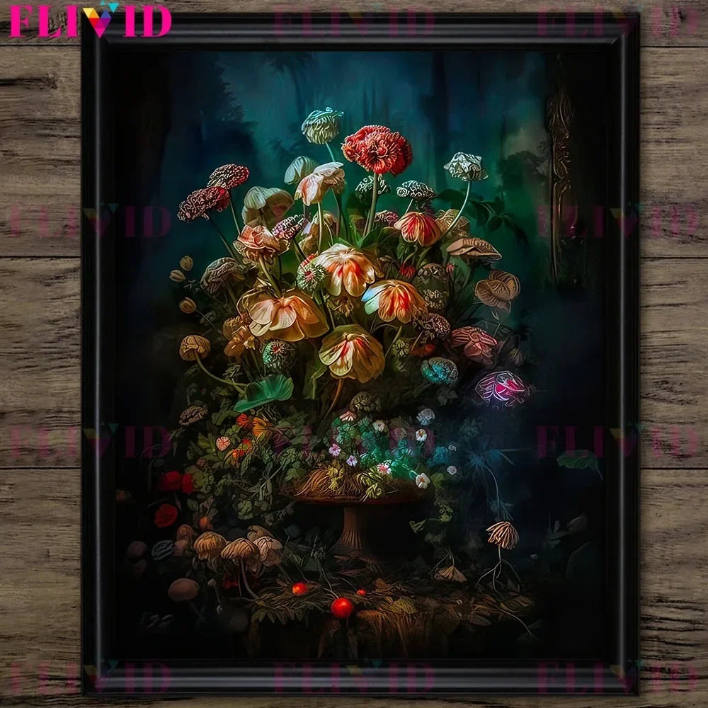 Dark Botanical Gothic Mushroom & Roses Canvas Wall Print
