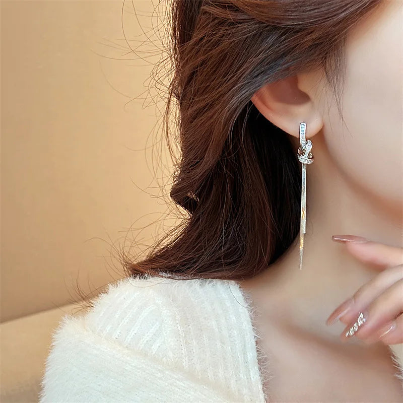 Long Diamond Studded Tassel Earrings Light Luxury Knotted Gold Silver