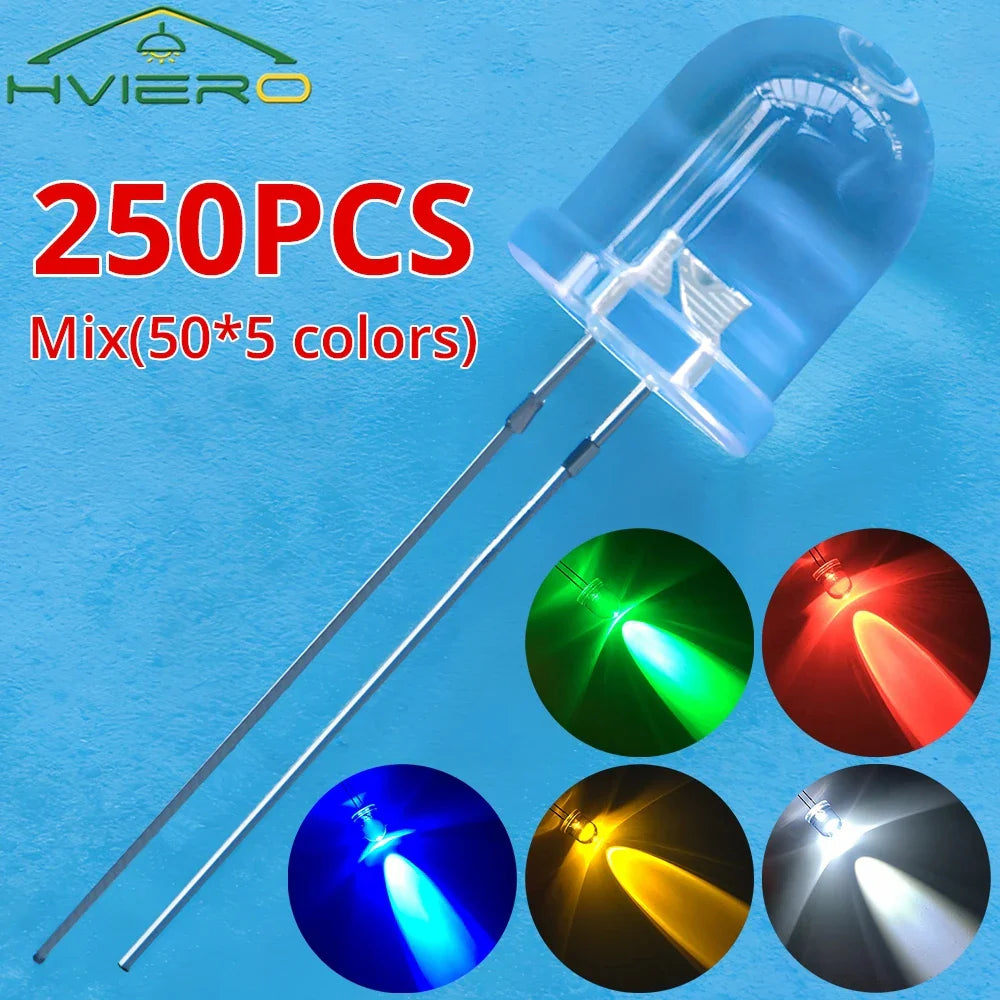 250Pcs 10mm Round Top Ultra Bright LED Diodes Multi-Color