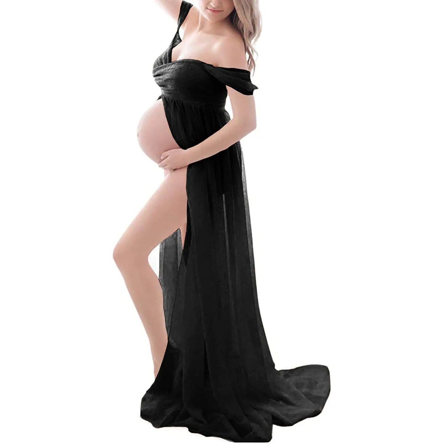Deep V-Neck Lace Feather Maternity Gown | Photo Shoot Dress Maternity Photography Dress Peaceful Pleasures Health and Wellness F black XXL China Mainland