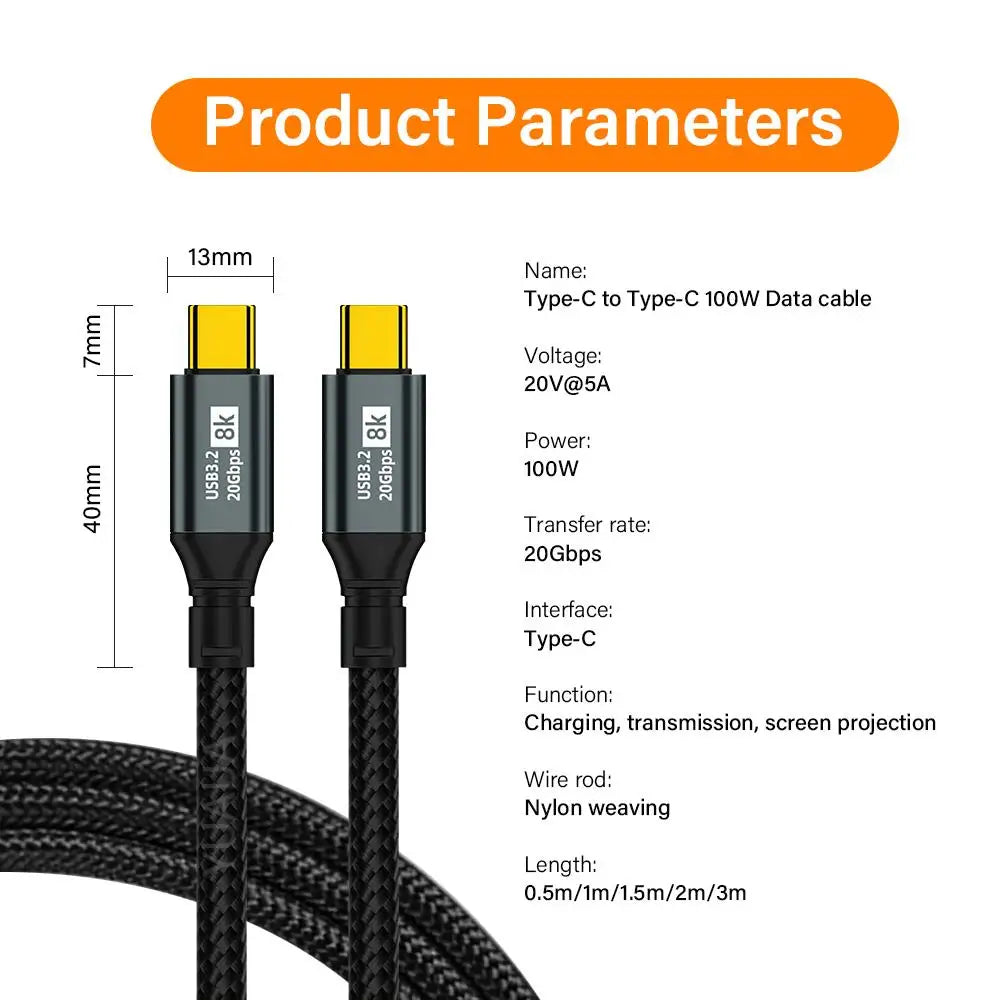USB-C to USB-C Cable 100W PD 20Gbps 8K Nylon Braided
