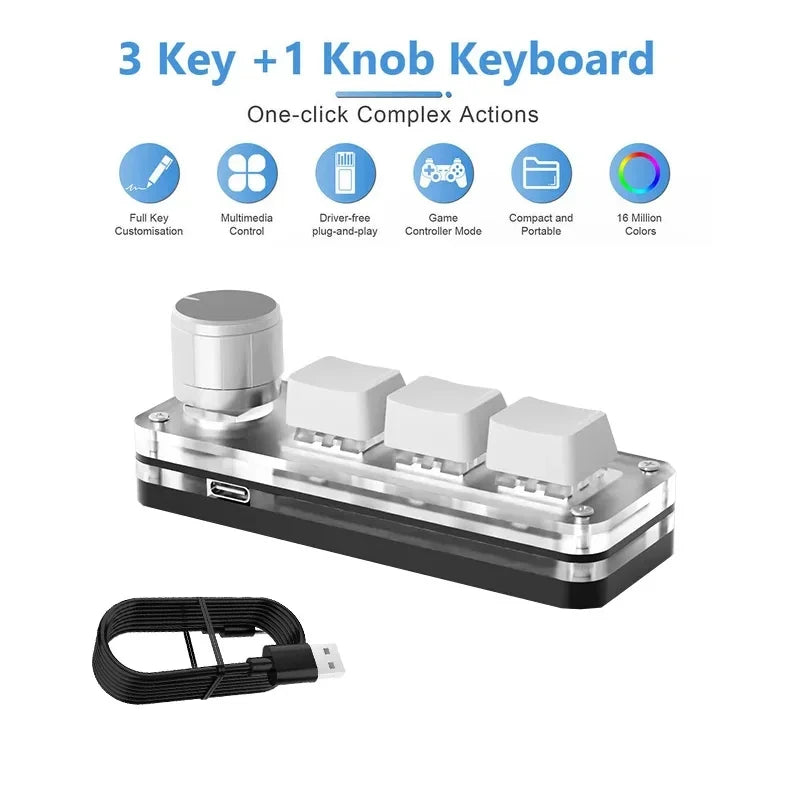RGB Macro Mechanical Keypad – 3 Keys + 1 Knob, Programmable