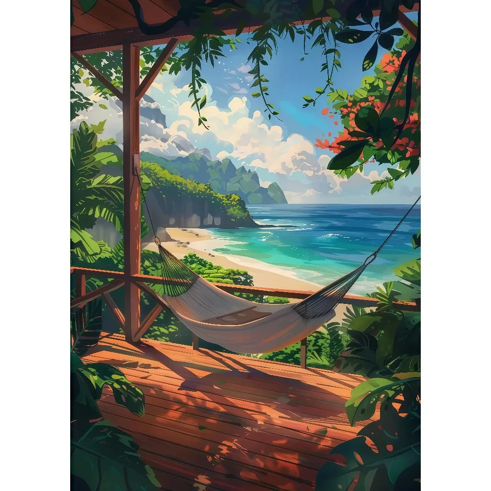 Anime Summer Landscape Canvas Wall Art | Beach Forest Cabin