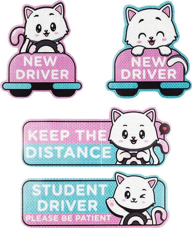 4-Pack Cartoon Cat New Driver Car Magnets | Reflective Safety Signs