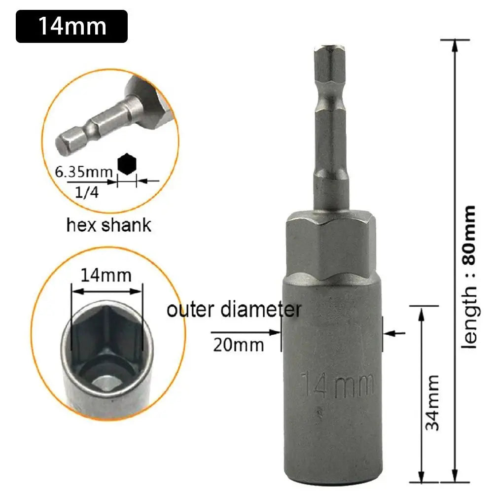 Magnetic Hex Nut Driver Bit Adapter 1/4" Shank 5.5–19mm 80mm