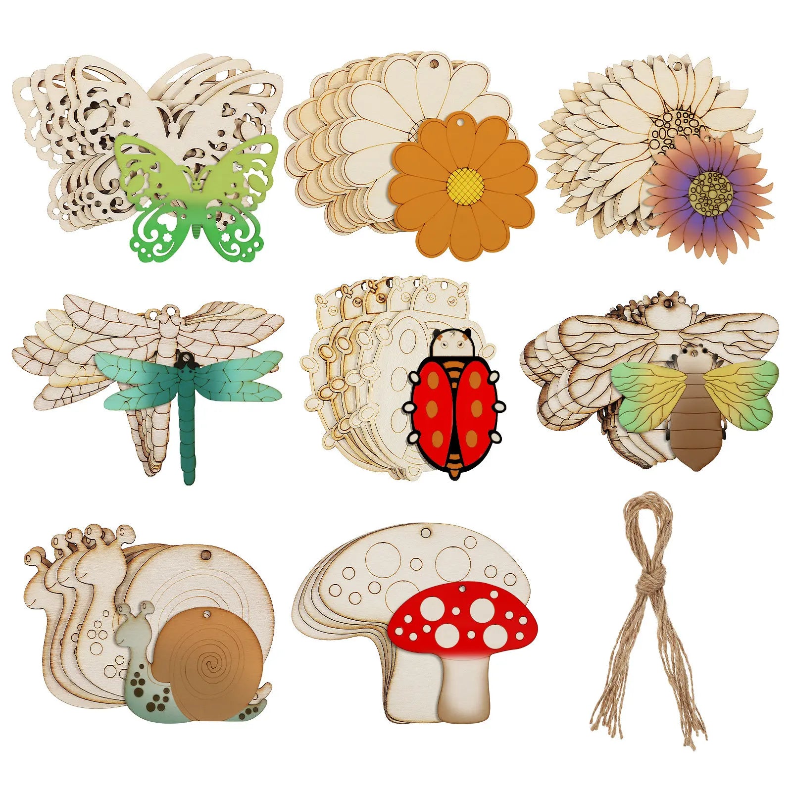 40Pcs Unfinished Wooden Flowers Insects Hanging Cutouts DIY Wooden Crafts Painting Shapes Wood Slices Jute Rope Rustic Wall Peaceful Pleasures Health and Wellness