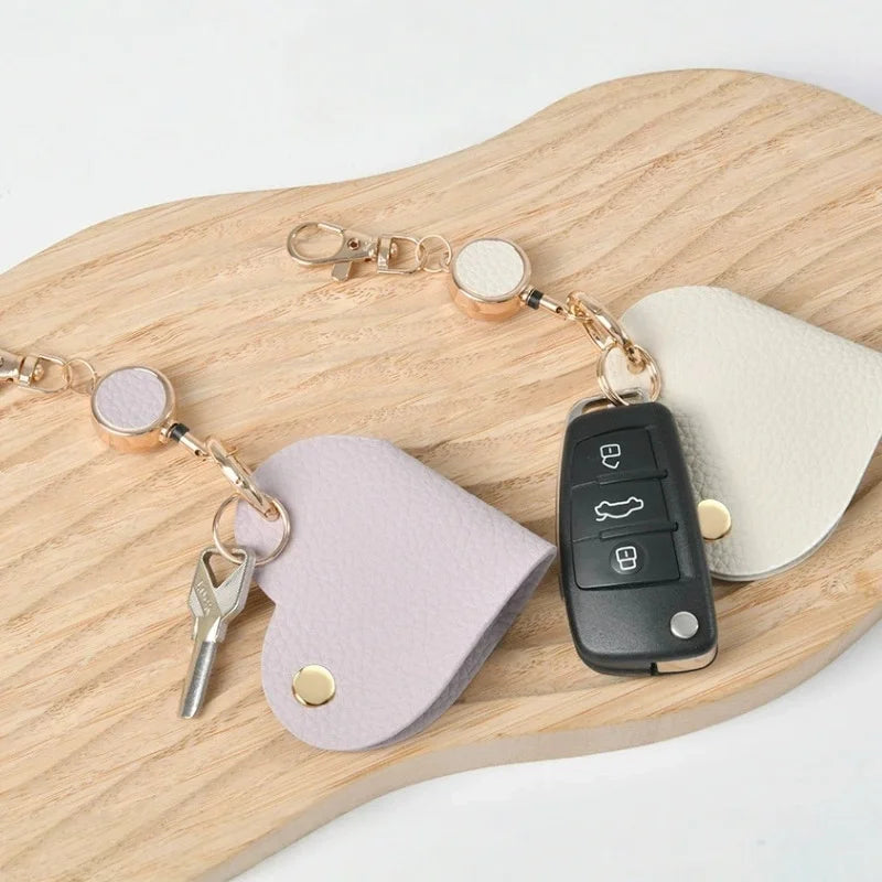 Heart-Shaped Leather Key Bag | Retractable Pull Tab Organizer