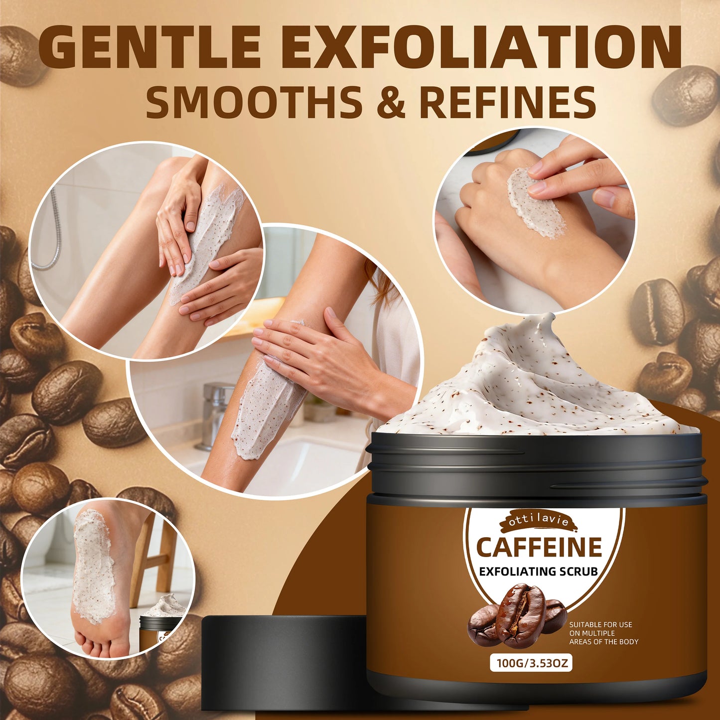 Ottilavie Caffeine Exfoliating Scrub, Gentle Exfoliating Deep Cleansing For Hands, Feet & Body, Daily Skincare Routine Peaceful Pleasures Health and Wellness
