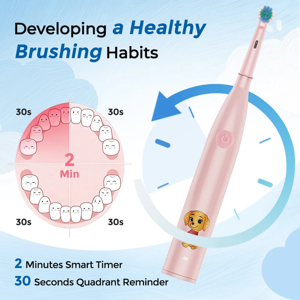 Children's Cartoon Electric Toothbrush with 4 Replacement Heads 5 Cleaning Modes Rotating Smart Rechargeable Auto Tooth Brush Peaceful Pleasures Health and Wellness