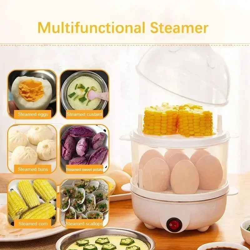 3-in-1 Electric Egg Cooker with Double Tray for Boiling Eggs Steaming Vegetables Compact Tool for Breakfast Cooking Peaceful Pleasures Health and Wellness